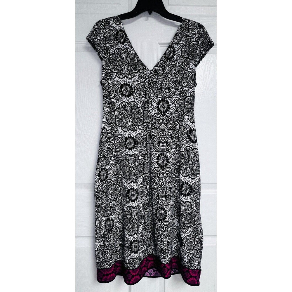 London Style Womens Dress Size 14 Short Sleeve Black White And Pink Print